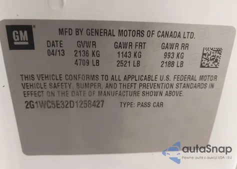 2013 Chevrolet Impala Ltz from USA, damaged, VIN 2G1WC5E32D1258427